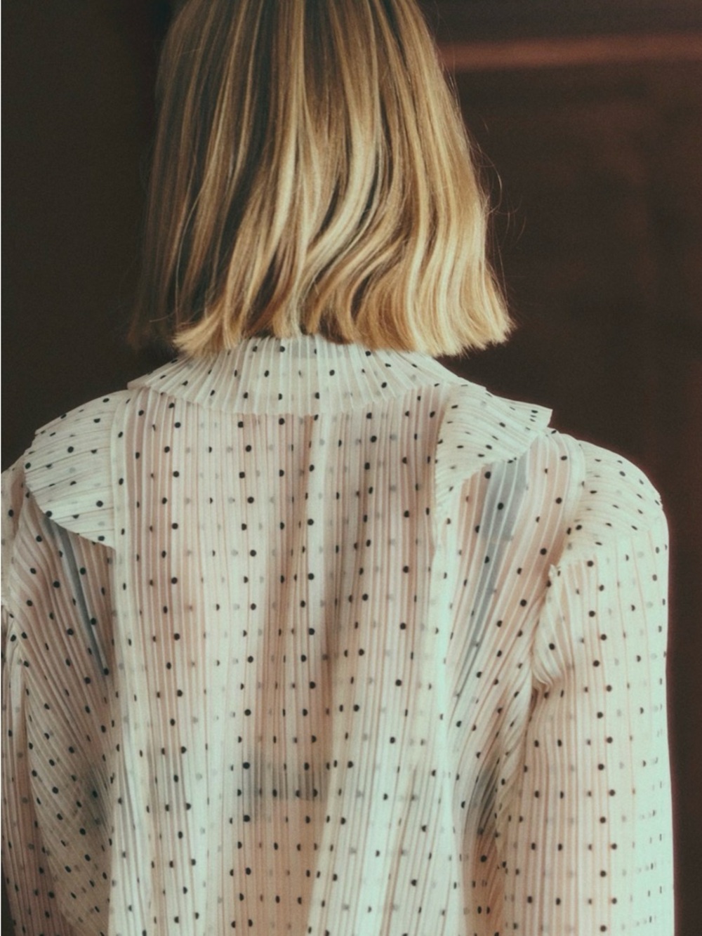 Sezane Cream Polka Dot Ruffled Blouse with Black Bow - Picture 9 of 11